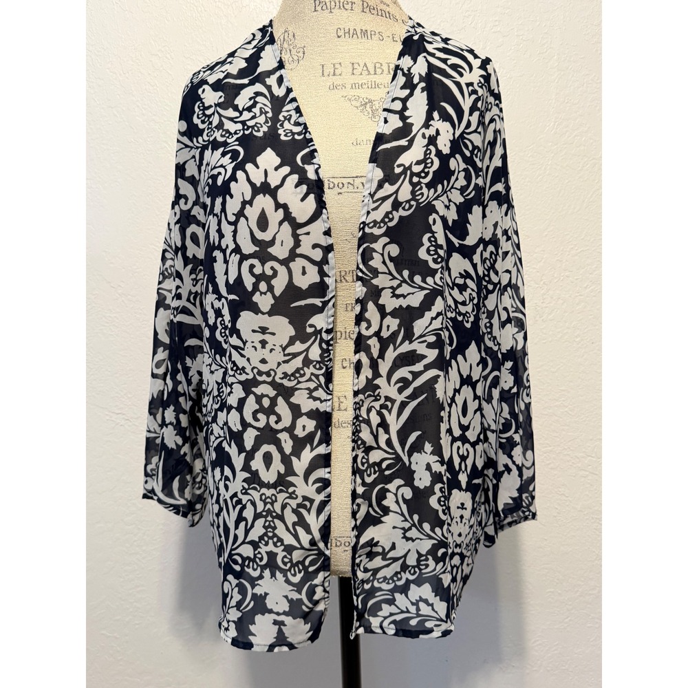 Croft & Barrow Navy White Damask Kimono Sheer Chiffon Open Front Wrap Large